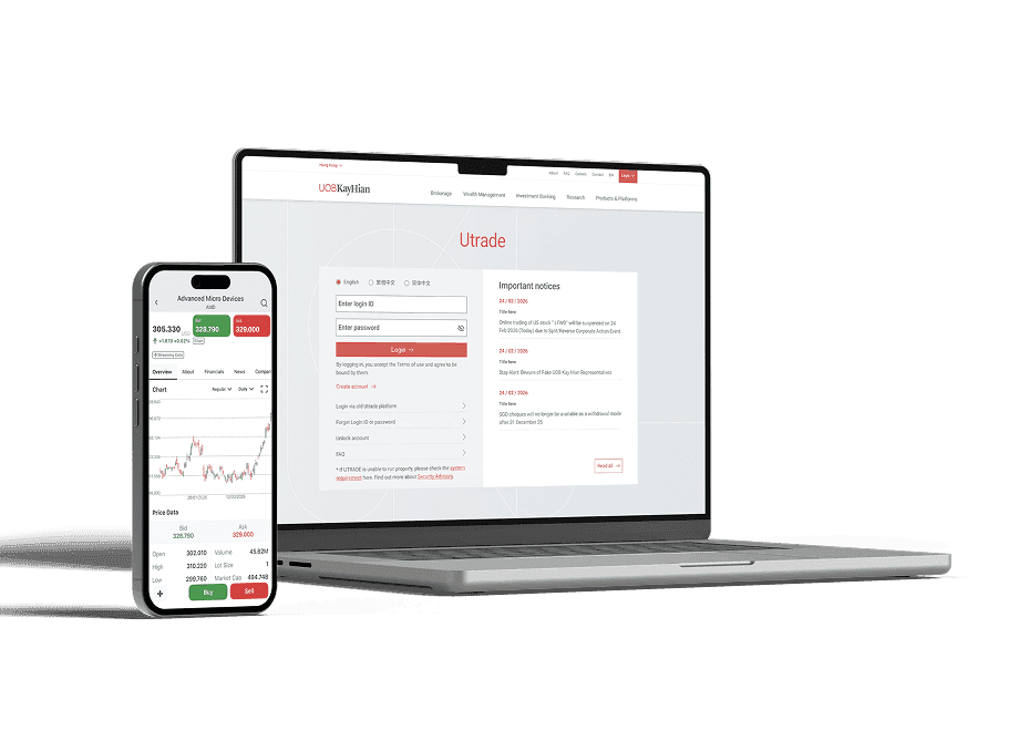 UTRADE platform shown on a laptop and smartphone