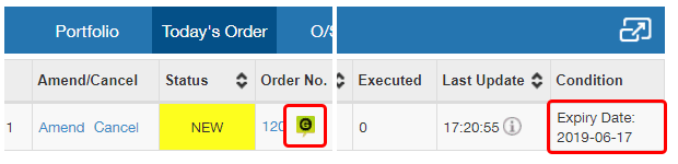UTRADE Web Today’s Order list showing GTD order with icon and expiry date